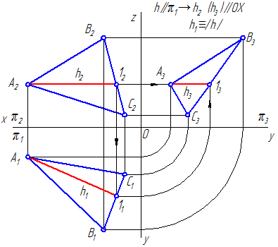 Рисунок 3.8 а – Горизонтальная прямая уровня в плоскости, заданной треугольником